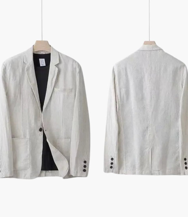 Front and back view of cream linen blazer with notch lapels and patch pockets