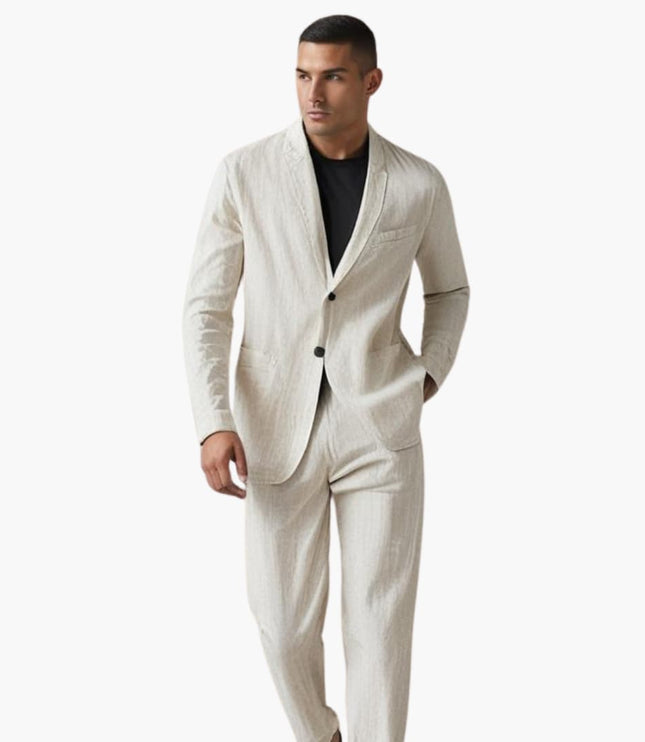 Man in cream linen suit with notch lapel jacket and relaxed straight pants