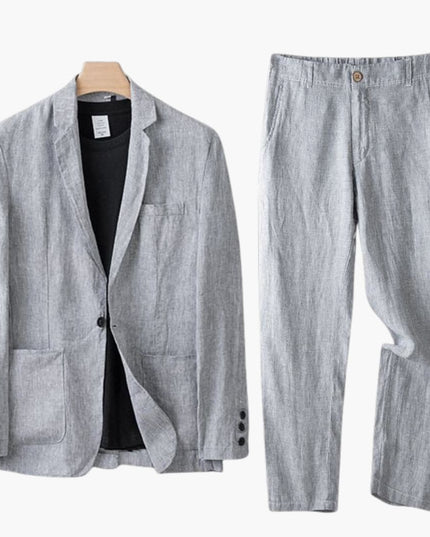 Gray linen notch lapel blazer and straight leg pants suit set on hanger