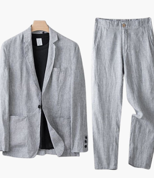 Gray linen notch lapel blazer and straight leg pants suit set on hanger