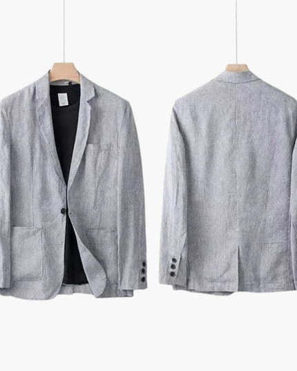 Front and back view of gray linen blazer with notch collar and button details