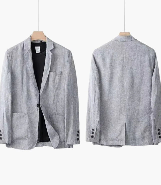 Front and back view of gray linen blazer with notch collar and button details