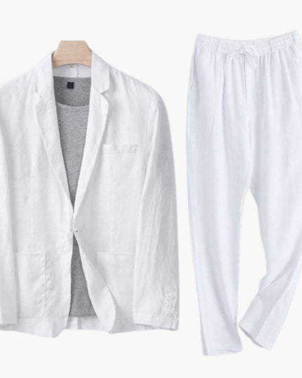 White linen notch lapel blazer and drawstring straight pants suit displayed