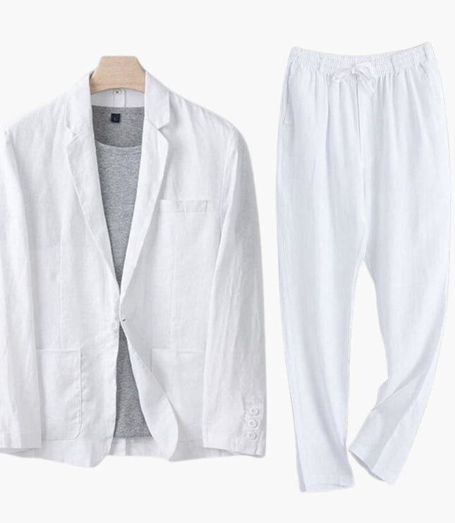 White linen notch lapel blazer and drawstring straight pants suit displayed