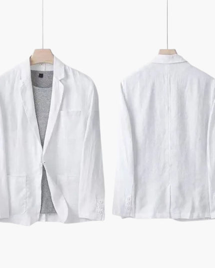 Front and back view of white linen blazer with notch lapels and relaxed fit