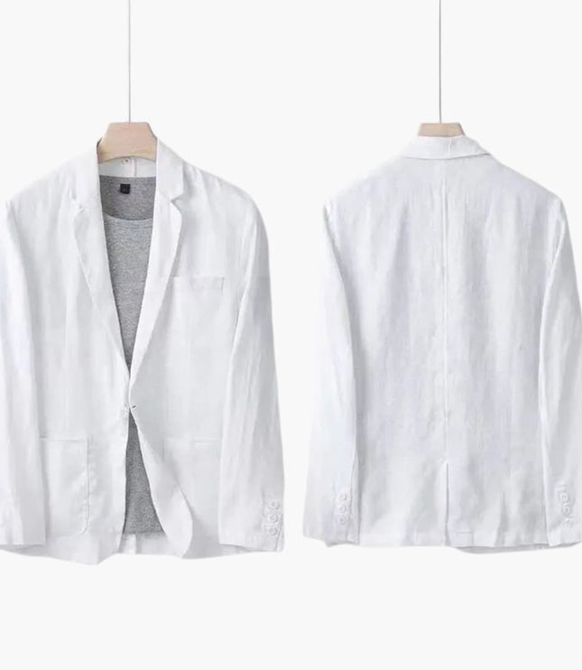 Front and back view of white linen blazer with notch lapels and relaxed fit