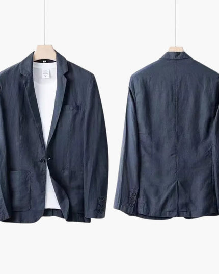 Navy blue linen notch lapel blazer and straight pants suit on hanger