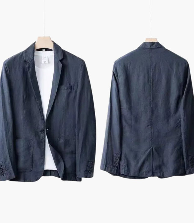 Navy blue linen notch lapel blazer and straight pants suit on hanger