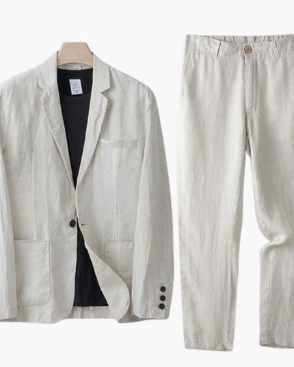 Cream linen notch lapel blazer and straight pants suit set displayed on hanger