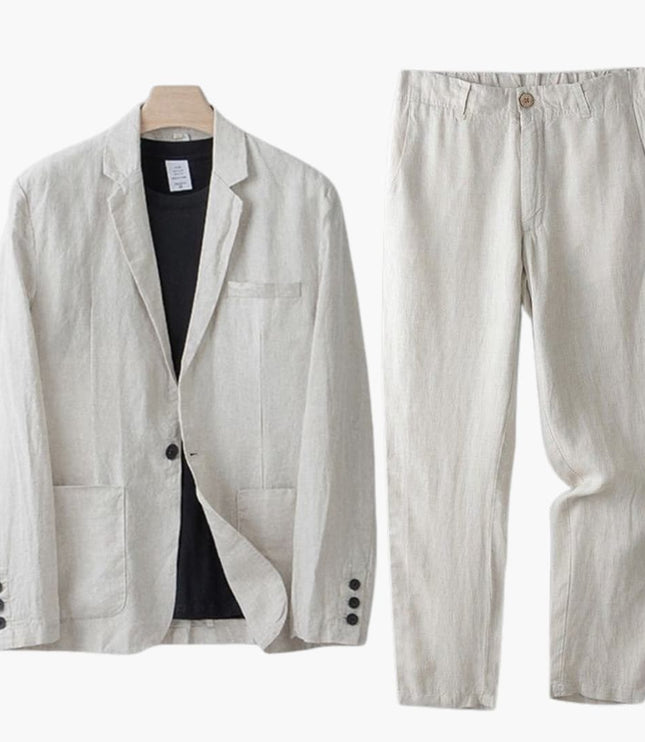 Cream linen notch lapel blazer and straight pants suit set displayed on hanger
