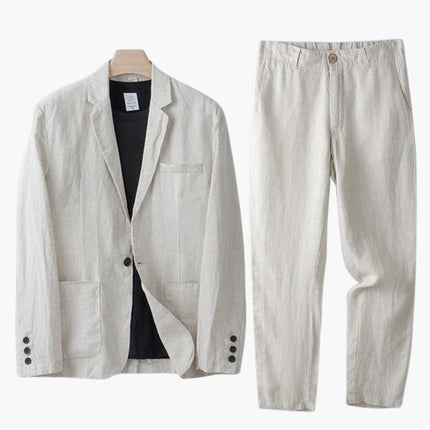 Cream linen notch lapel blazer and straight pants suit set displayed on hanger
