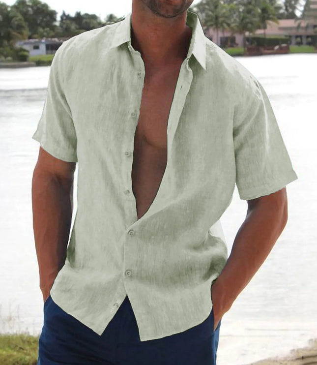 Camisa de lino de verano para hombre con manga corta, botones y cuello campestre