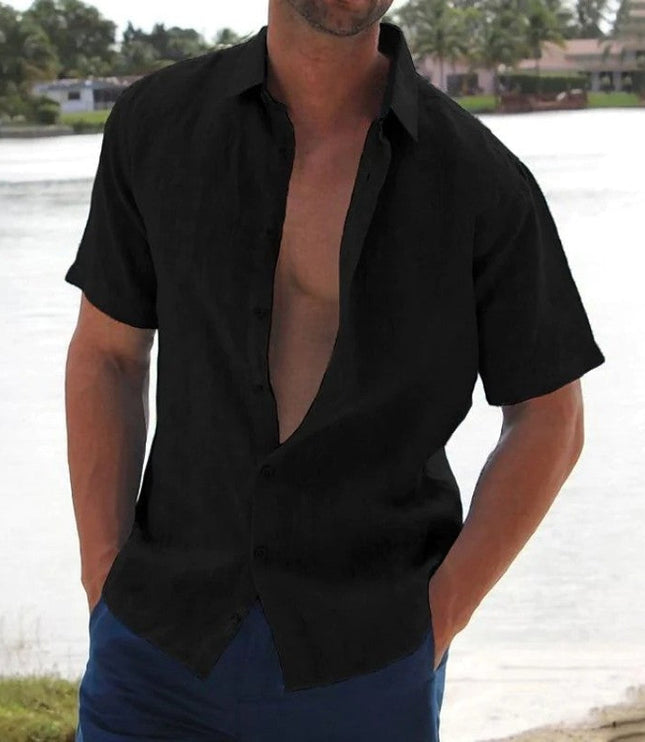 Camisa de lino de verano para hombre con manga corta, botones y cuello campestre