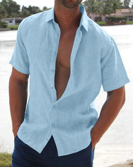 Camisa de lino de verano para hombre con manga corta, botones y cuello campestre