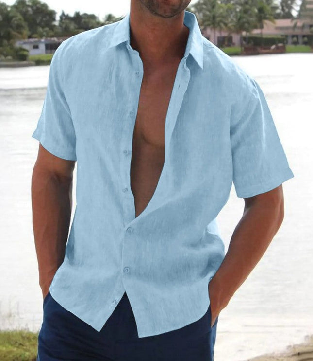 Camisa de lino de verano para hombre con manga corta, botones y cuello campestre