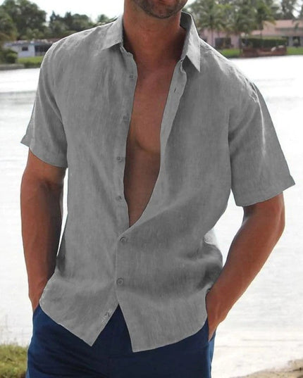 Camisa de lino de verano para hombre con manga corta, botones y cuello campestre