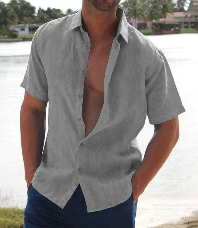 Camisa de lino de verano para hombre con manga corta, botones y cuello campestre