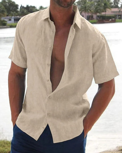 Camisa de lino de verano para hombre con manga corta, botones y cuello campestre