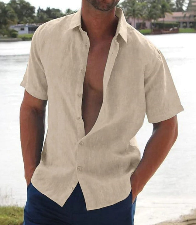 Camisa de lino de verano para hombre con manga corta, botones y cuello campestre