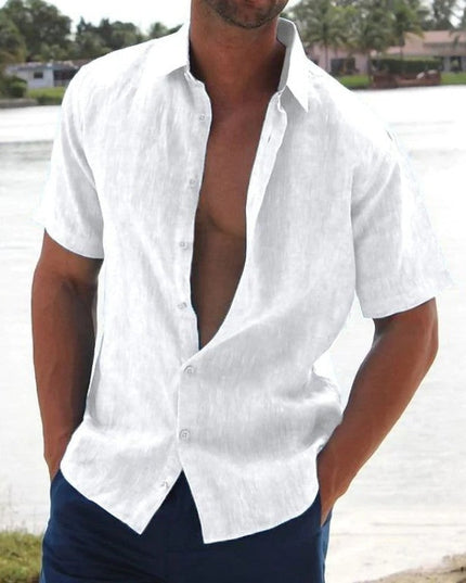 Camisa de lino de verano para hombre con manga corta, botones y cuello campestre