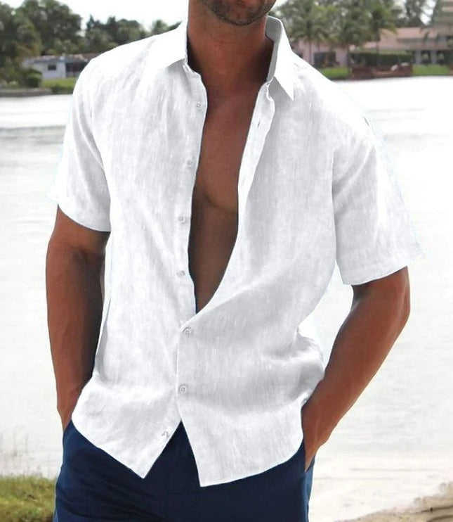 Camisa de lino de verano para hombre con manga corta, botones y cuello campestre