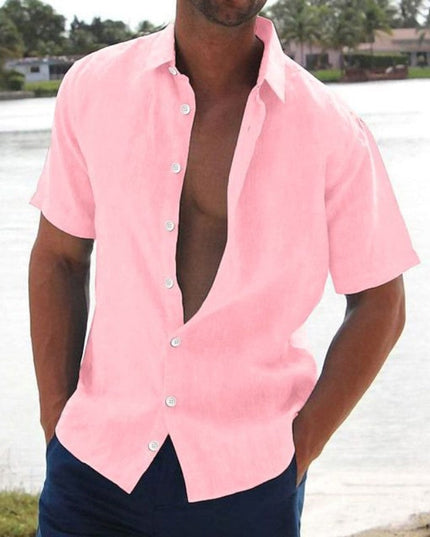 Camisa de lino de verano para hombre con manga corta, botones y cuello campestre