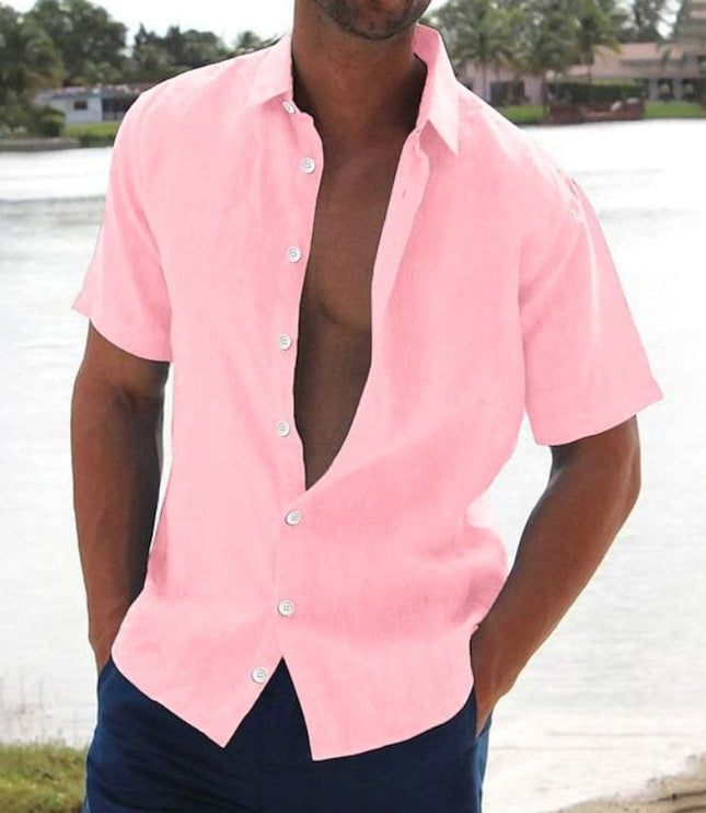 Camisa de lino de verano para hombre con manga corta, botones y cuello campestre