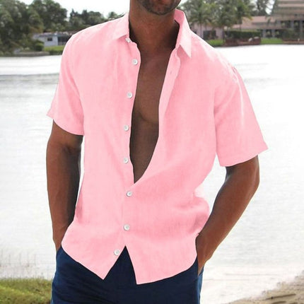 Camisa de lino de verano para hombre con manga corta, botones y cuello campestre