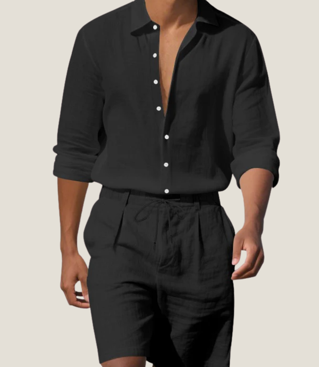 Conjunto de verano para hombre, camisa de lino de manga corta y pantalones cortos para playa