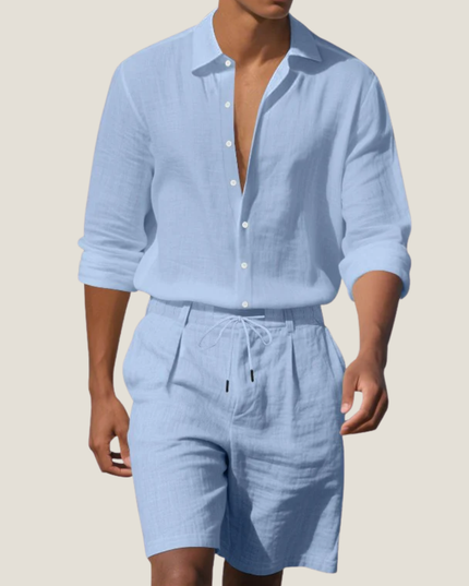 Conjunto de verano para hombre, camisa de lino de manga corta y pantalones cortos para playa