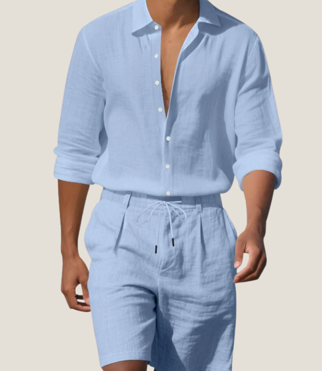 Conjunto de verano para hombre, camisa de lino de manga corta y pantalones cortos para playa