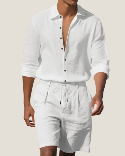 Conjunto de verano para hombre, camisa de lino de manga corta y pantalones cortos para playa