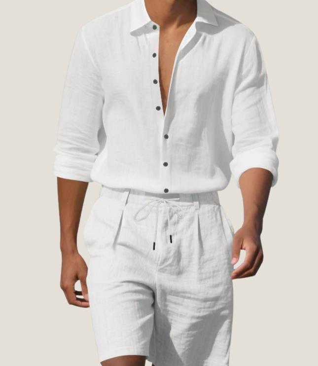 Conjunto de verano para hombre, camisa de lino de manga corta y pantalones cortos para playa