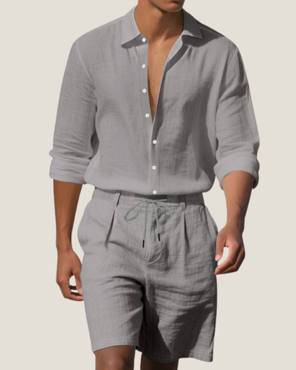 Conjunto de verano para hombre, camisa de lino de manga corta y pantalones cortos para playa