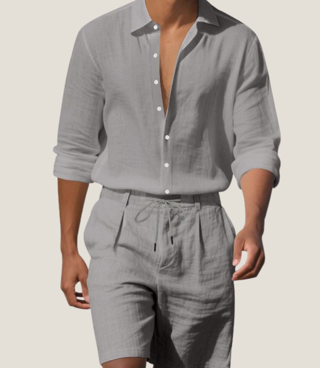 Conjunto de verano para hombre, camisa de lino de manga corta y pantalones cortos para playa