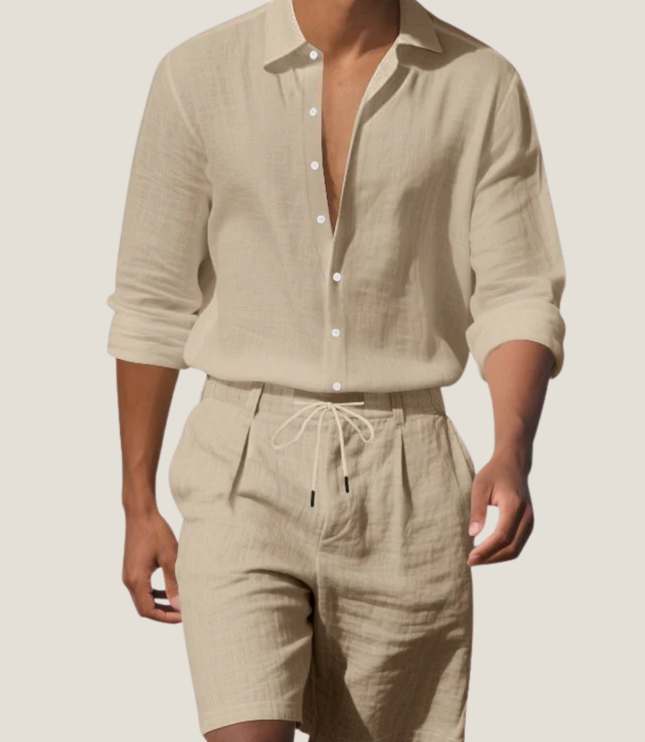 Conjunto de verano para hombre, camisa de lino de manga corta y pantalones cortos para playa