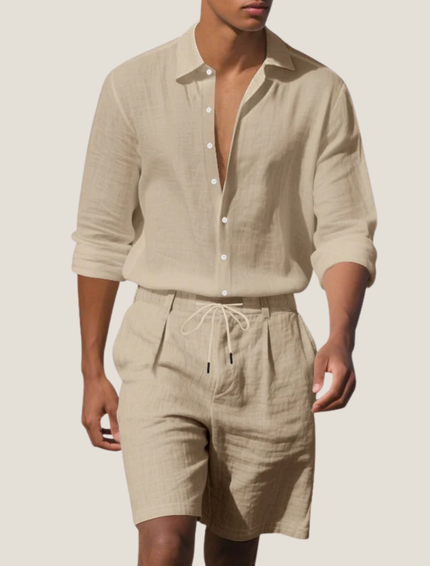 Conjunto de verano para hombre, camisa de lino de manga corta y pantalones cortos para playa