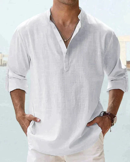Camisa de lino de verano para hombre con cuello en V, manga larga y botones