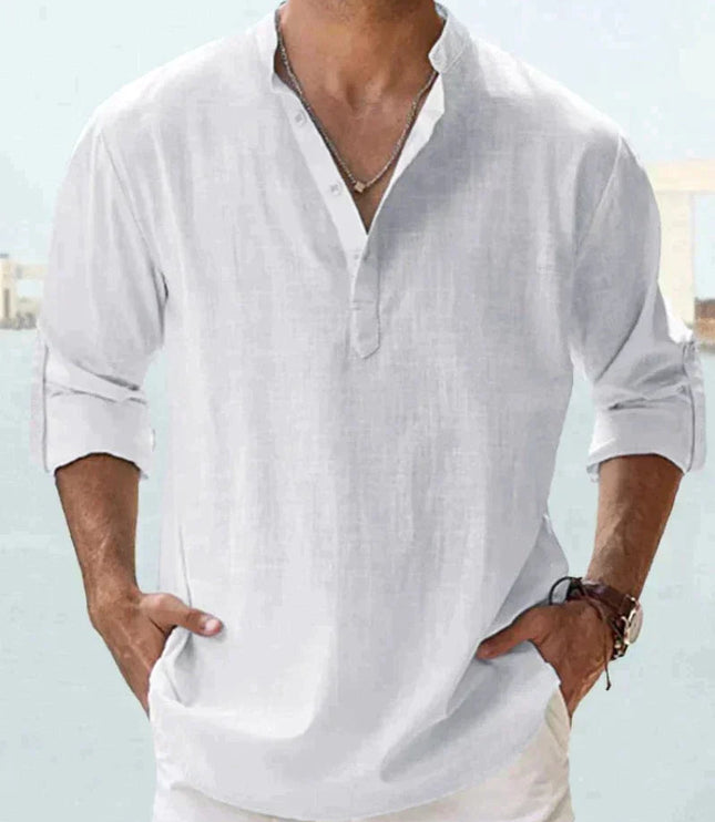 Camisa de lino de verano para hombre con cuello en V, manga larga y botones