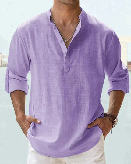Camisa de lino de verano para hombre con cuello en V, manga larga y botones