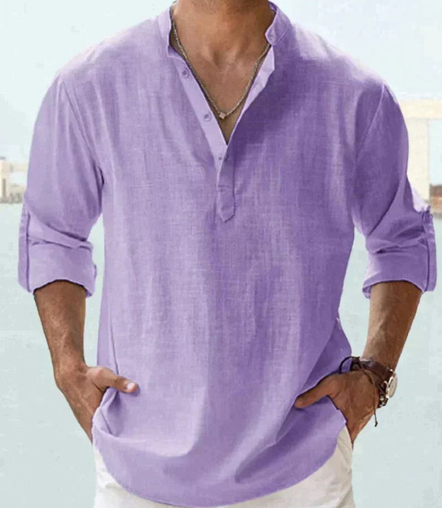 Camisa de lino de verano para hombre con cuello en V, manga larga y botones