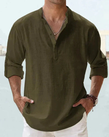 Camisa de lino de verano para hombre con cuello en V, manga larga y botones