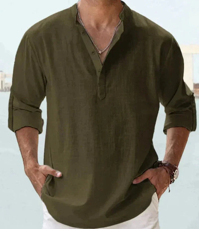 Camisa de lino de verano para hombre con cuello en V, manga larga y botones
