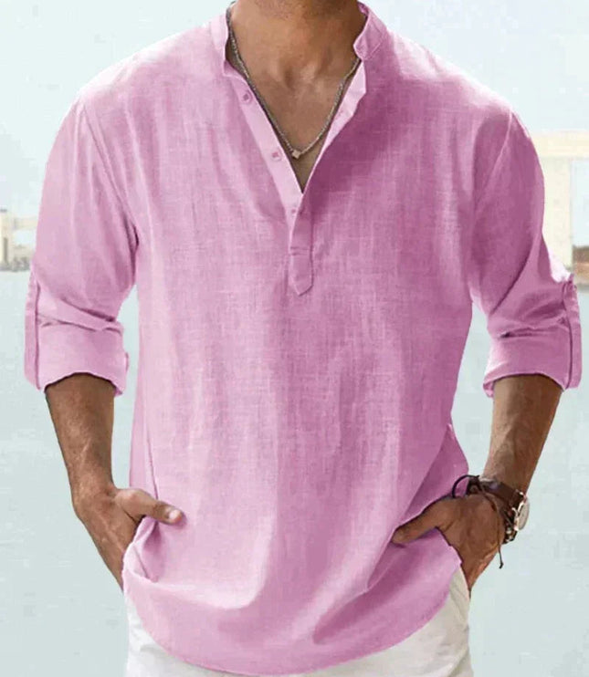 Camisa de lino de verano para hombre con cuello en V, manga larga y botones