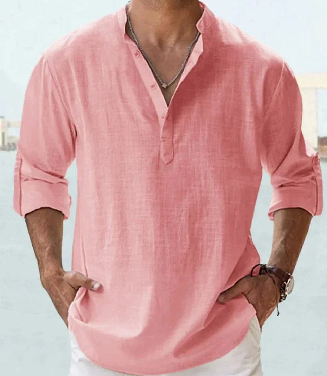 Camisa de lino de verano para hombre con cuello en V, manga larga y botones