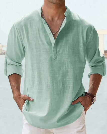 Camisa de lino de verano para hombre con cuello en V, manga larga y botones