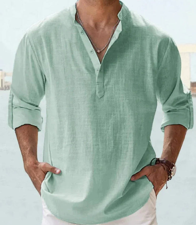 Camisa de lino de verano para hombre con cuello en V, manga larga y botones