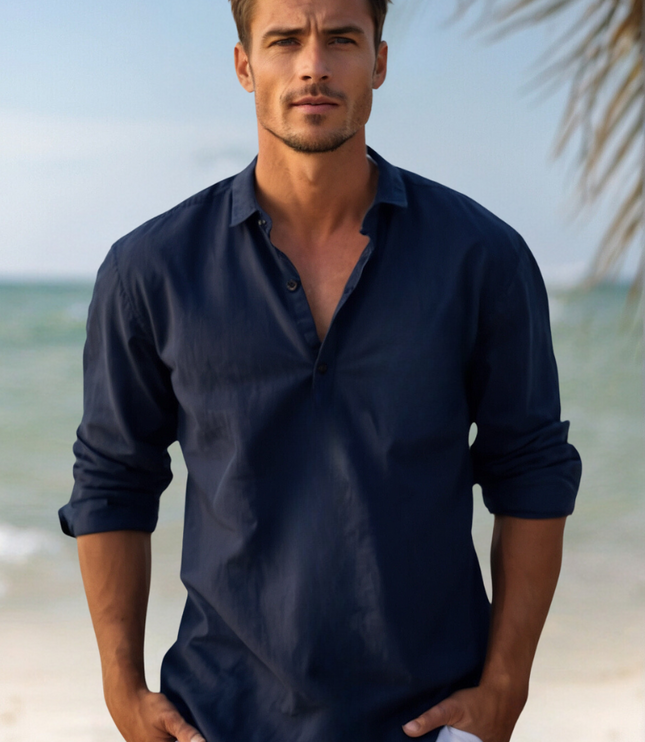 Camisa de lino de verano para hombre con cuello en V, manga larga y botones