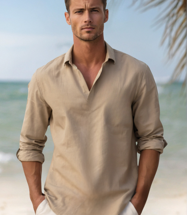 Camisa de lino de verano para hombre con cuello en V, manga larga y botones