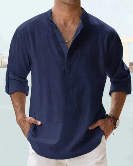 Camisa de lino de verano para hombre con cuello en V, manga larga y botones